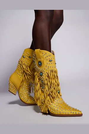AZALEA WANG Greyson embellished tassel western boots in yellow