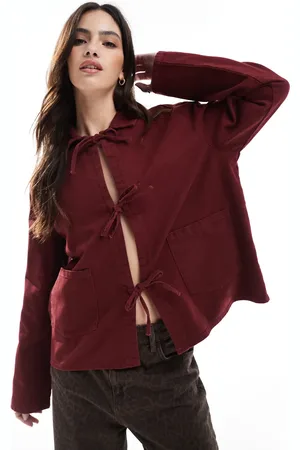 ONLY Tie front denim jacket in burgundy