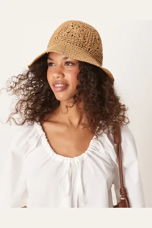 ASOS Straw packable floral crochet bucket hat in natural