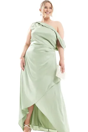 TFNC Bridesmaid satin fallen shoulder maxi dress with wrap skirt in sage