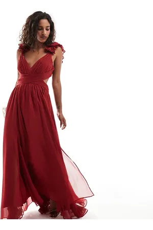 Forever New Ruffle shoulder maxi dress in burgundy