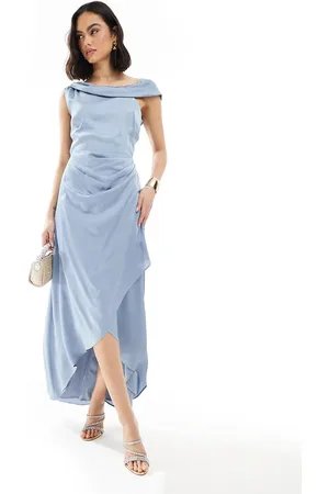 TFNC Bridesmaid satin fallen shoulder maxi dress with wrap skirt in dusty