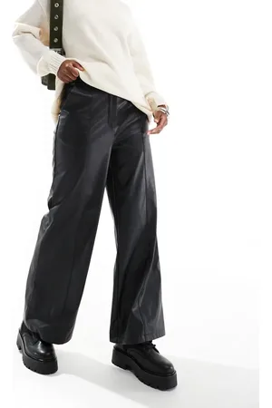 Miss Selfridge Faux leather contrast waistband wide leg trouser in