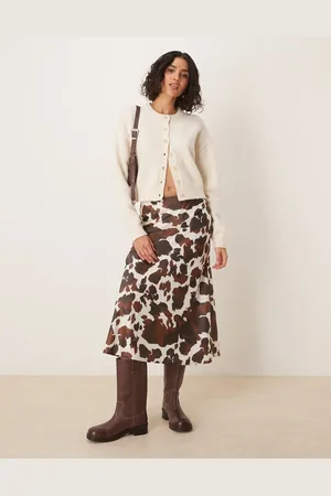 Y.A.S Satin midi skirt in brown cow print