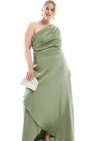 TFNC Bridesmaid one shoulder satin maxi dress with wrap skirt in dark