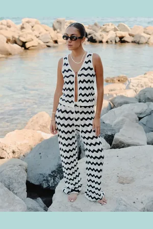 4th & Reckless X Luana Barron ana wave crochet tie side beach top co-ord in navy and cream
