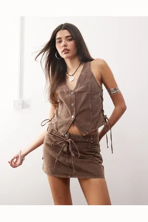 Monki Co-ord denim mini skirt with tie belt in washed