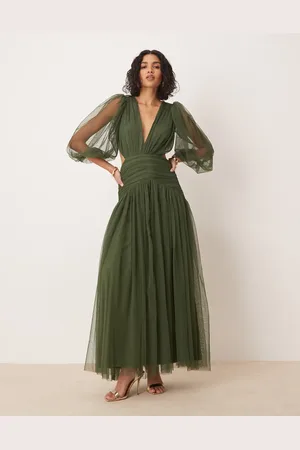 Lace & Beads Plunge drop hem maxi dress in olive