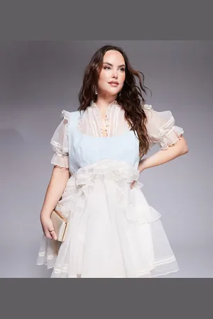 ASOS Curve pearl embellished organza mini dress with denim bust panel in cream