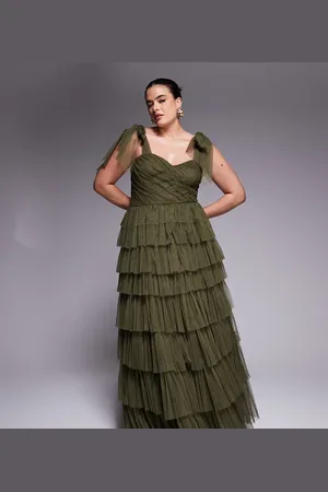 Lace & Beads Bow shoulder tiered tulle maxi dress in deep olive