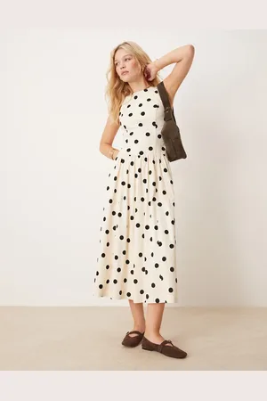 Abercrombie & Fitch High neck drop waist midi dress in polkadot
