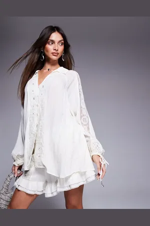 River Island Lace embellished beach shirt co-ord in cream