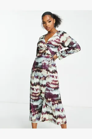 Monki Satin wrap midi dress in blurred abstract print