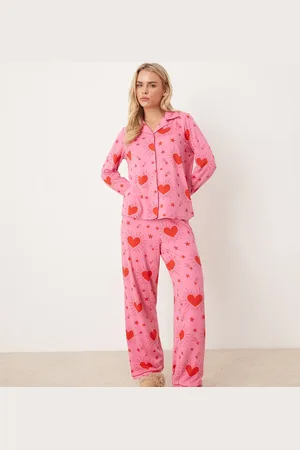 Urban Threads Petite long sleeve revere and trouser pyjama set in sparkle heart print