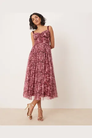 Lace & Beads Corset tulle midaxi dress in blush floral