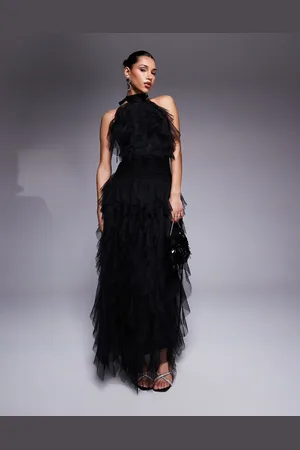 Lace & Beads Backless ruffle tulle maxi dress in
