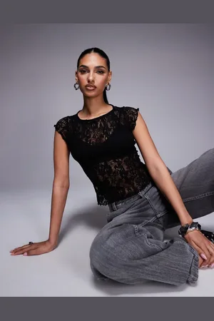 ASOS Spliced texture lace tee with cap sleeve in