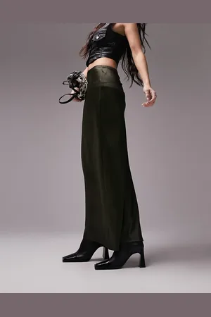 Topshop Satin bias maxi skirt in khaki