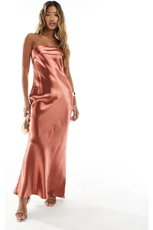 In The Style Exclusive liquid satin bandeau cut out back maxi dress in rust