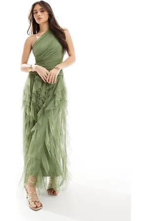 Lace & Beads Bridesmaid one shoulder waterfall ruffle maxi dress in soft olive