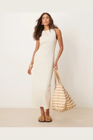 ASOS Wide rib sleeveless boat neck midi dress in stone
