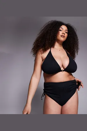 ASOS ASOS DESIGN Curve Tayla high apex triangle bikini top with gold bead trim in