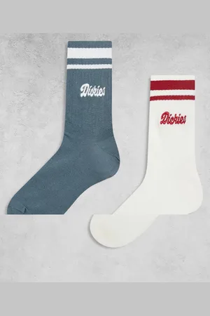 Dickies Lewistown striped 2 pack crew socks in off white and blue