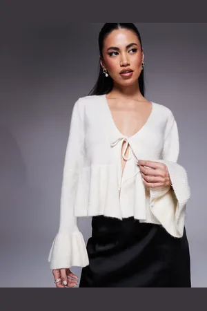 River Island Tie front frilly cardigan in cream