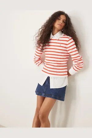 GANT Cotton cable knit crew neck logo jumper in stripe