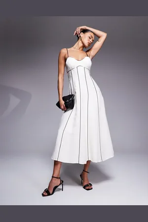 Forever New Contrast piping linen midi dress in cream and chocolate