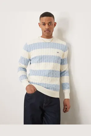 GANT Shield logo block stripe cotton cable knit jumper in light