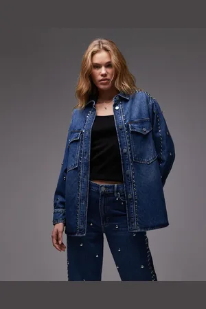 AllSaints Alba stud denim shirt in mid indigo