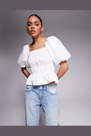 River Island Short sleeve textured shirred top in