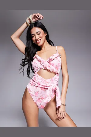 River Island Broderie ditsy wrap swimsuit in light