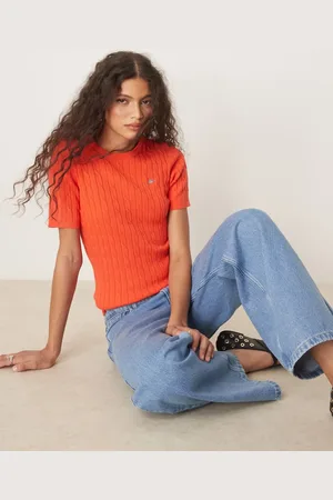GANT Cotton cable knit short sleeve logo jumper in