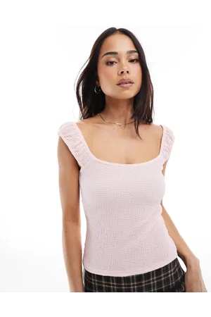 Miss Selfridge Textured gathered sleeve top in light