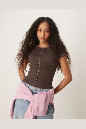 ASOS Cap sleeve baby tee with pink seam detail in chocolate