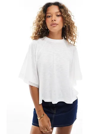 Miss Selfridge Broderie lace trim wide crop t-shirt in off