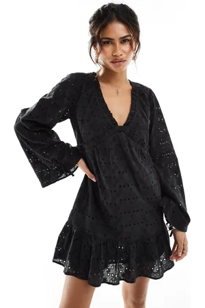 Reclaimed Western broderie smock mini dress in black
