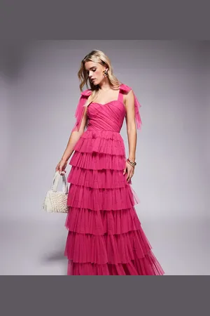 Lace & Beads Bow shoulder tiered tulle maxi dress in