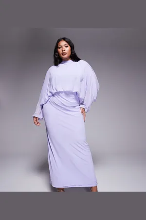 ASOS ASOS DESIGN Curve mesh draped blouson long sleeve maxi dress with ruched skirt in lilac