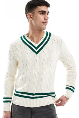 Ralph Lauren Cricket v-neck cotton cable knit jumper in cream/dark green