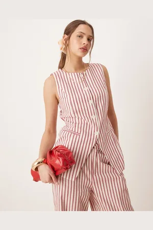 Glamorous Waistcoat button down cotton top with tie in red stripe co-ord