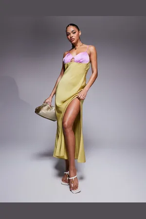 ASOS Satin cami maxi dress with colourblock bodice in pink and lime
