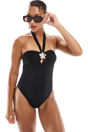 New Look Floral trim halterneck swimsuit in
