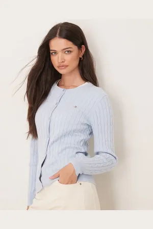 GANT Cotton cable knit logo cardigan in light