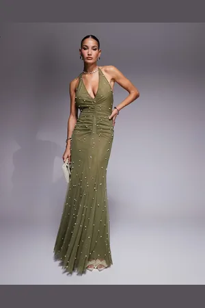 ASOS Embellished pearl mesh maxi dress in khaki