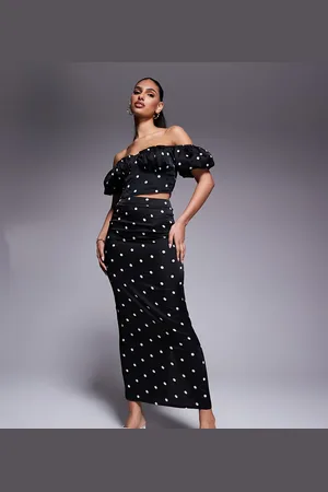 Kaiia Exclusive bodycon satin maxi skirt co-ord in black polka dot