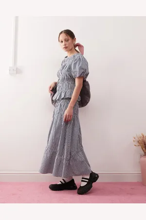 Reclaimed Midi western skirt with ruching detail in blue check
