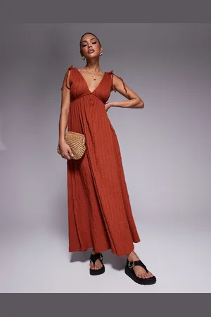 ASOS Textured deep V trapeze midi dress in rust